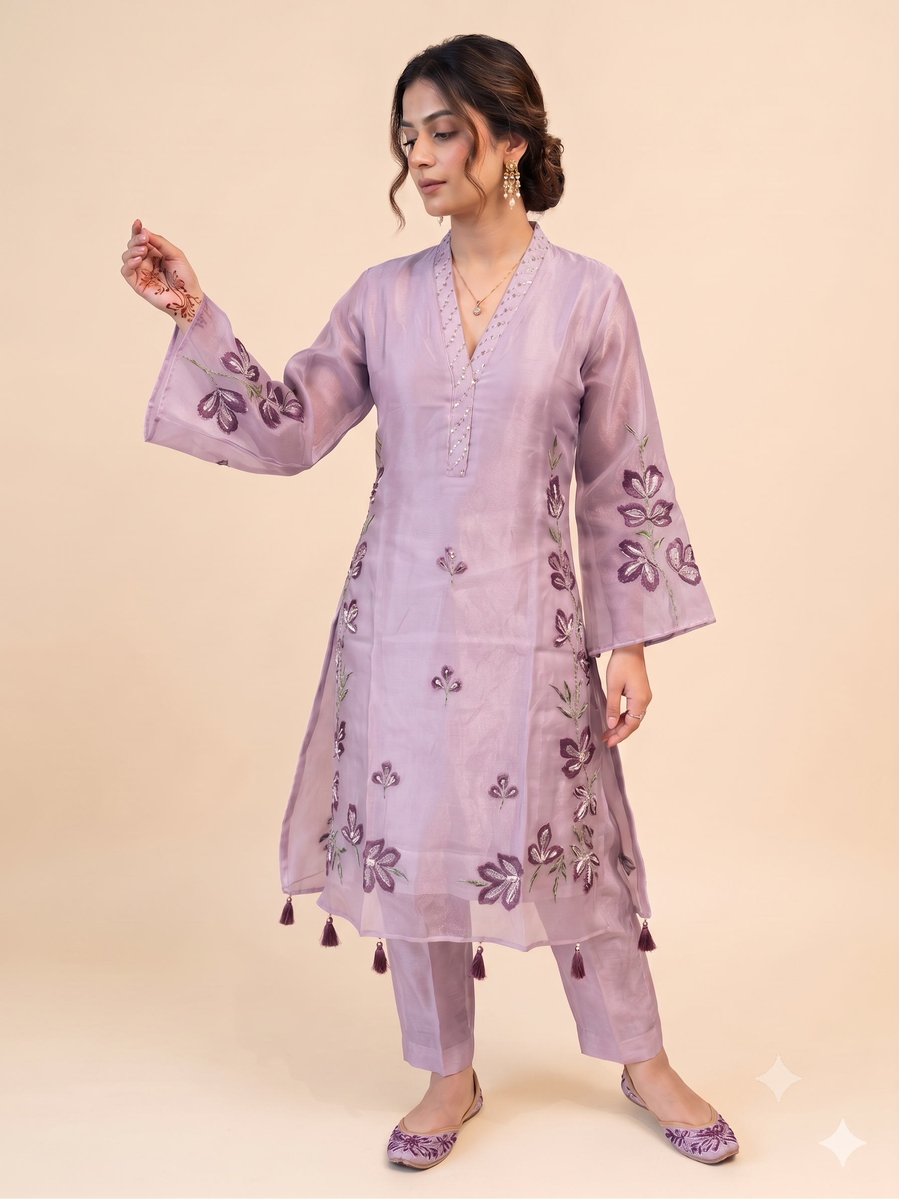 Lavender Organza Embroidered Kurta Set Main image
