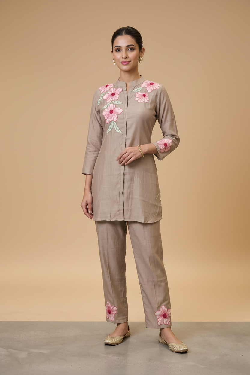 Elegant Taupe Silk Co-ord Set Main image