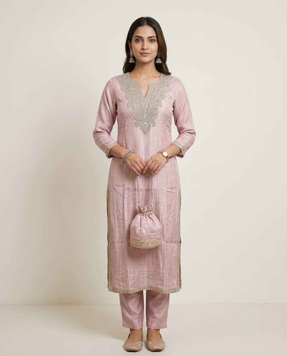 Dusty Pink Embroidered Straight Kurta with Pants