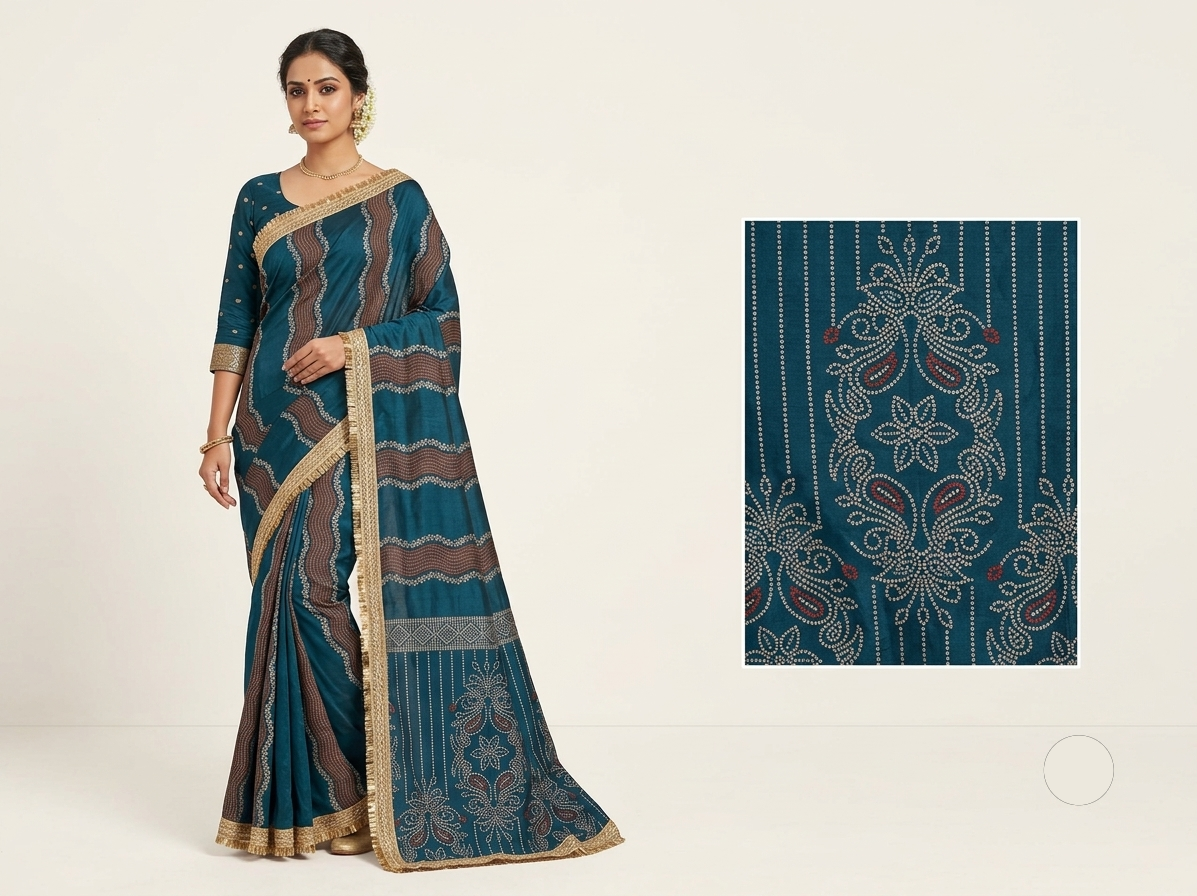 Teal Blue Soft Fabric Saree with Traditional Bandhani-Inspired Print Main image