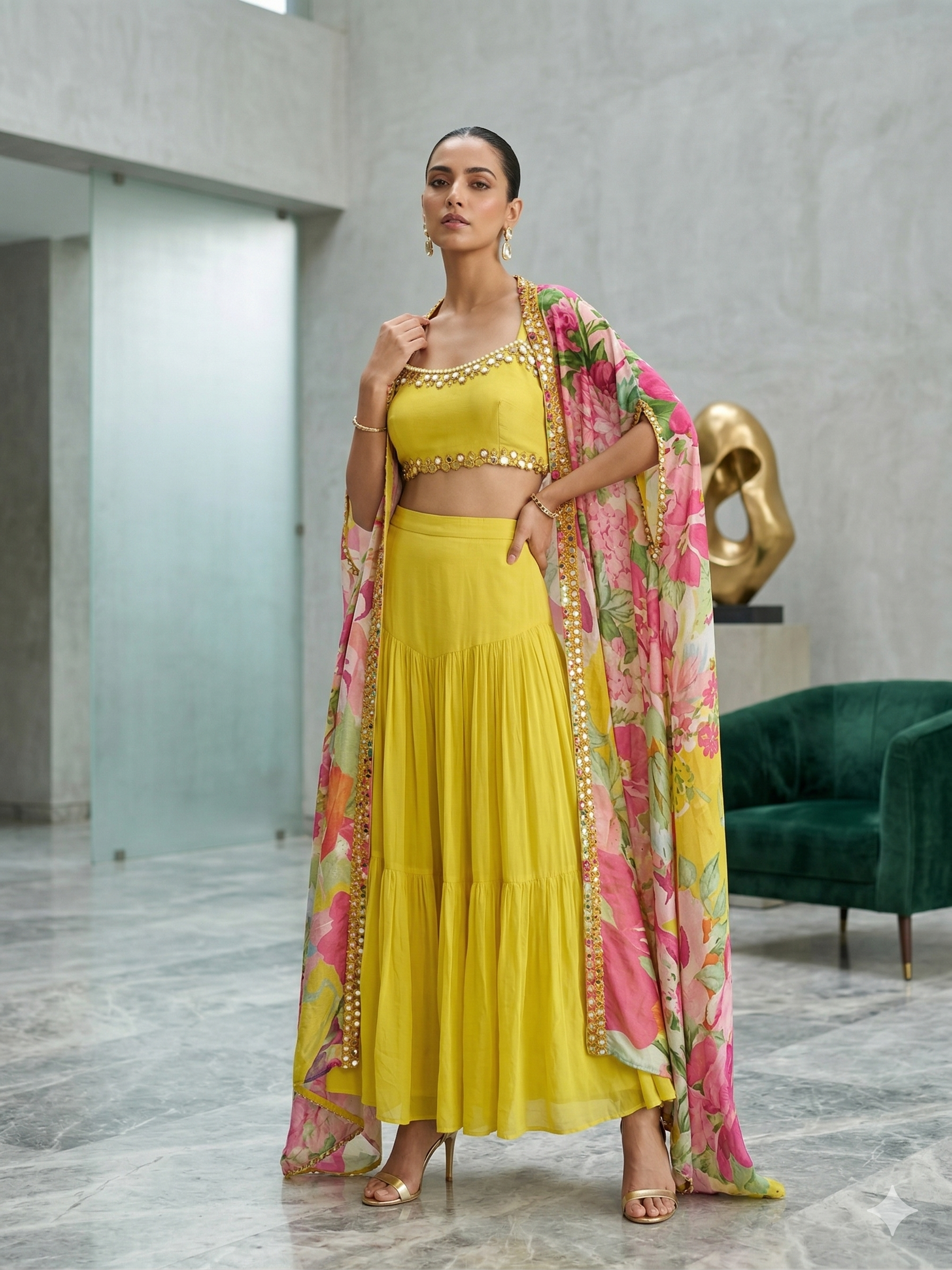 Sunshine Yellow Tiered Sharara Set with Floral Cape