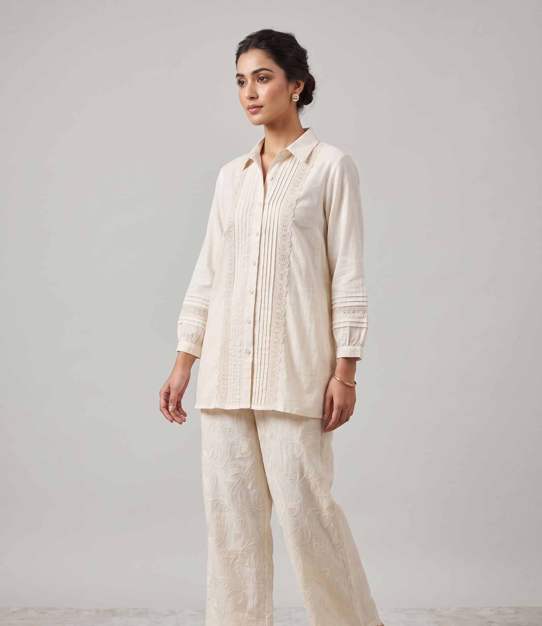 Ivory Lace-Embellished Tunic & Palazzo Set