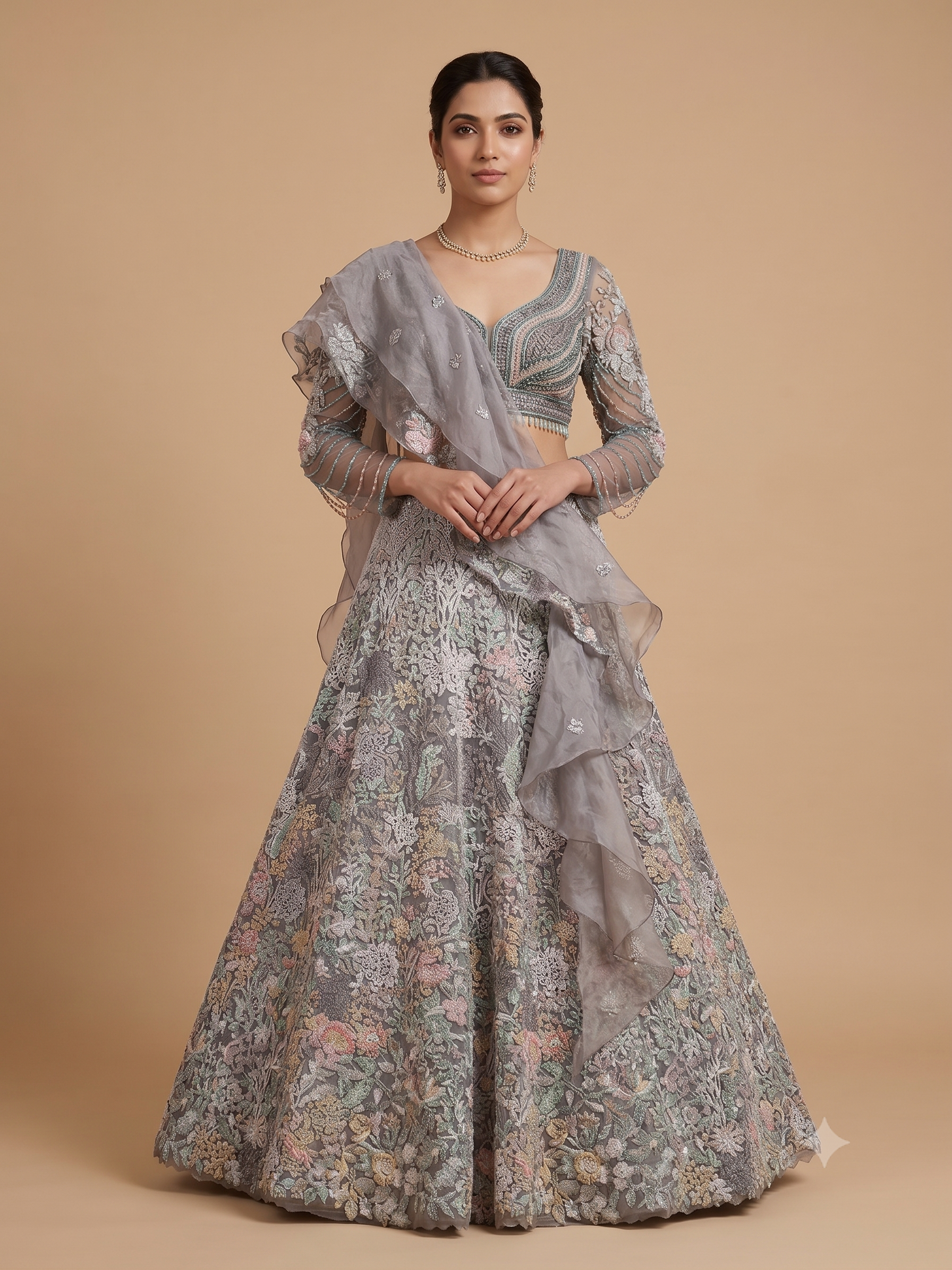 Embroidered Pastel Floral Grey Lehenga Set Main image