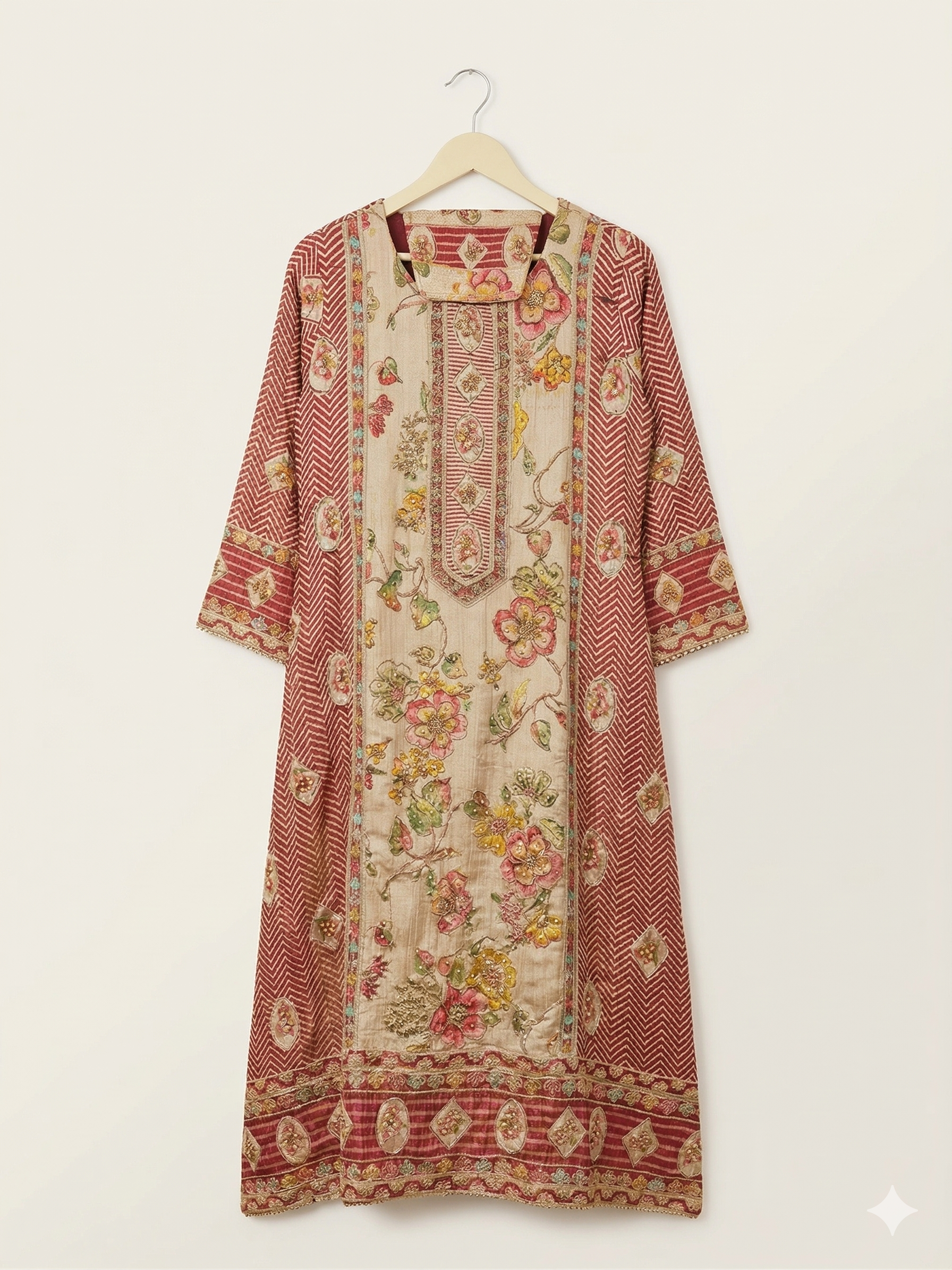 Buy Online Floral Silk Kalamkari & Bandhani Fusion Suit in Maroon Tones for women