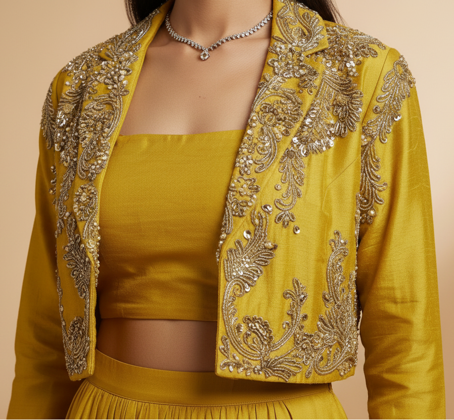 Mustard Silk Indo-Western Skirt Set