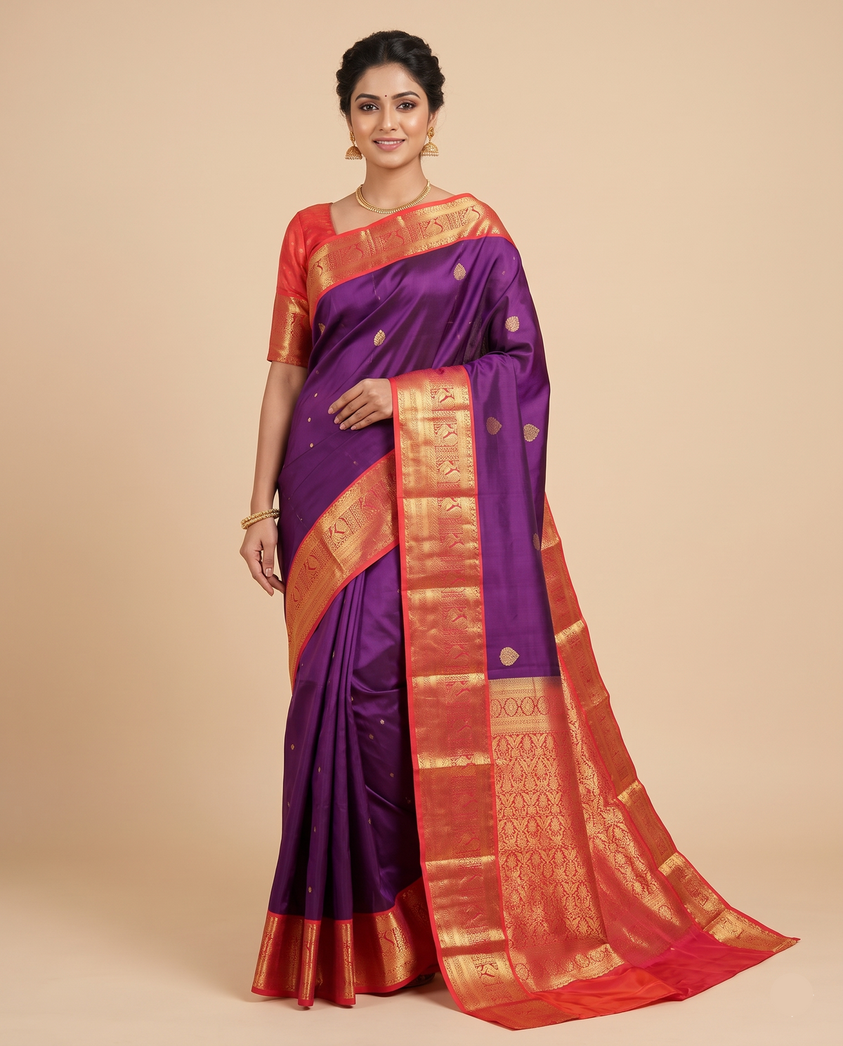 Royal Purple & Coral Red Kanjivaram Silk Saree