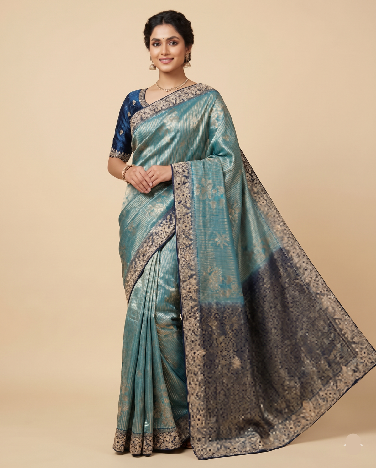 Teal Blue Tissue Silk Saree with Zari Striped Weave Main image