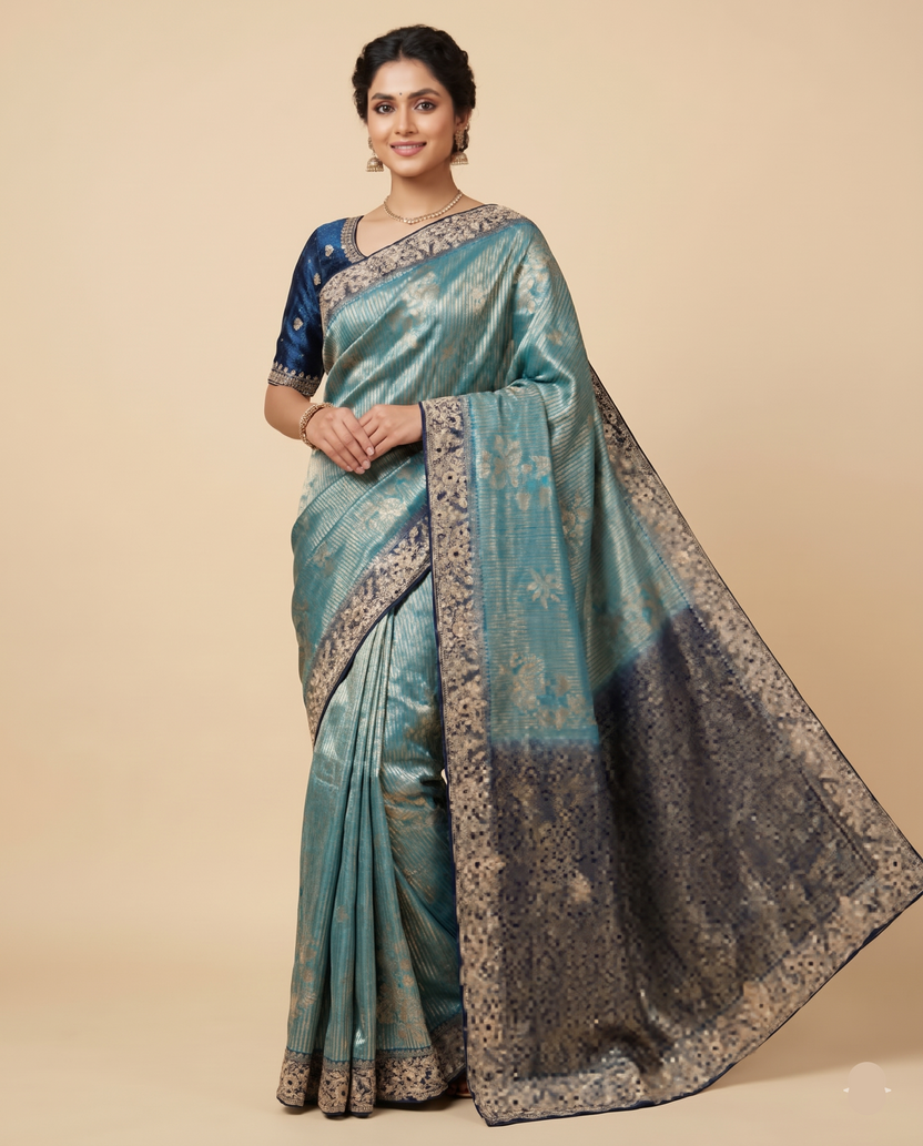 Teal Blue Tissue Silk Saree with Zari Striped Weave – ODHNI