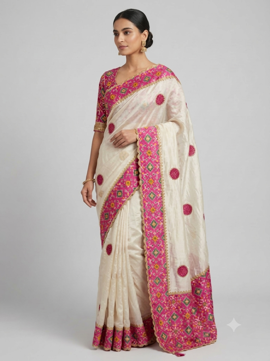 Cream Soft Fabric Saree with Pink Embroidered Border Main image