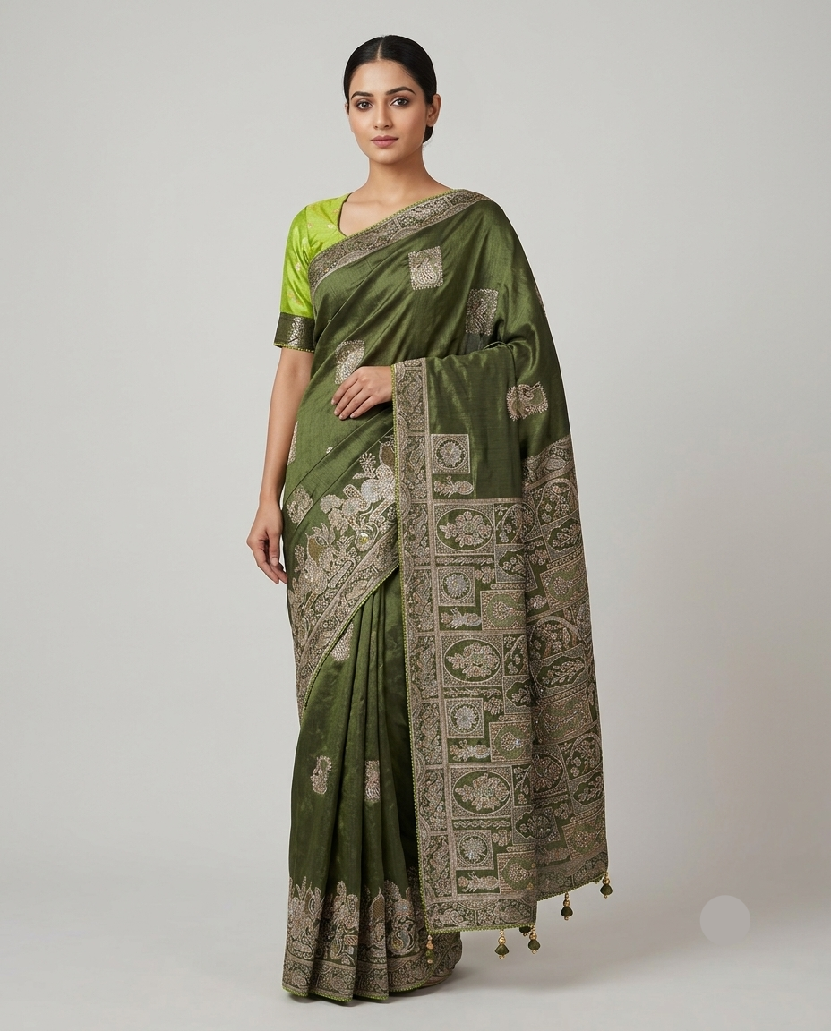 Olive Green Banarasi Silk Saree with Contrast Lime Green Blouse Main image