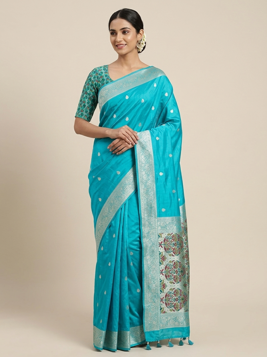 Rama Green Saree with Traditional Butti Work and Designer Pallu