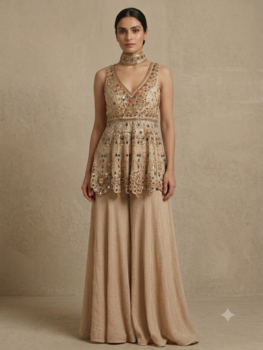 Golden & Beige Embellished Peplum Palazzo Set Main image