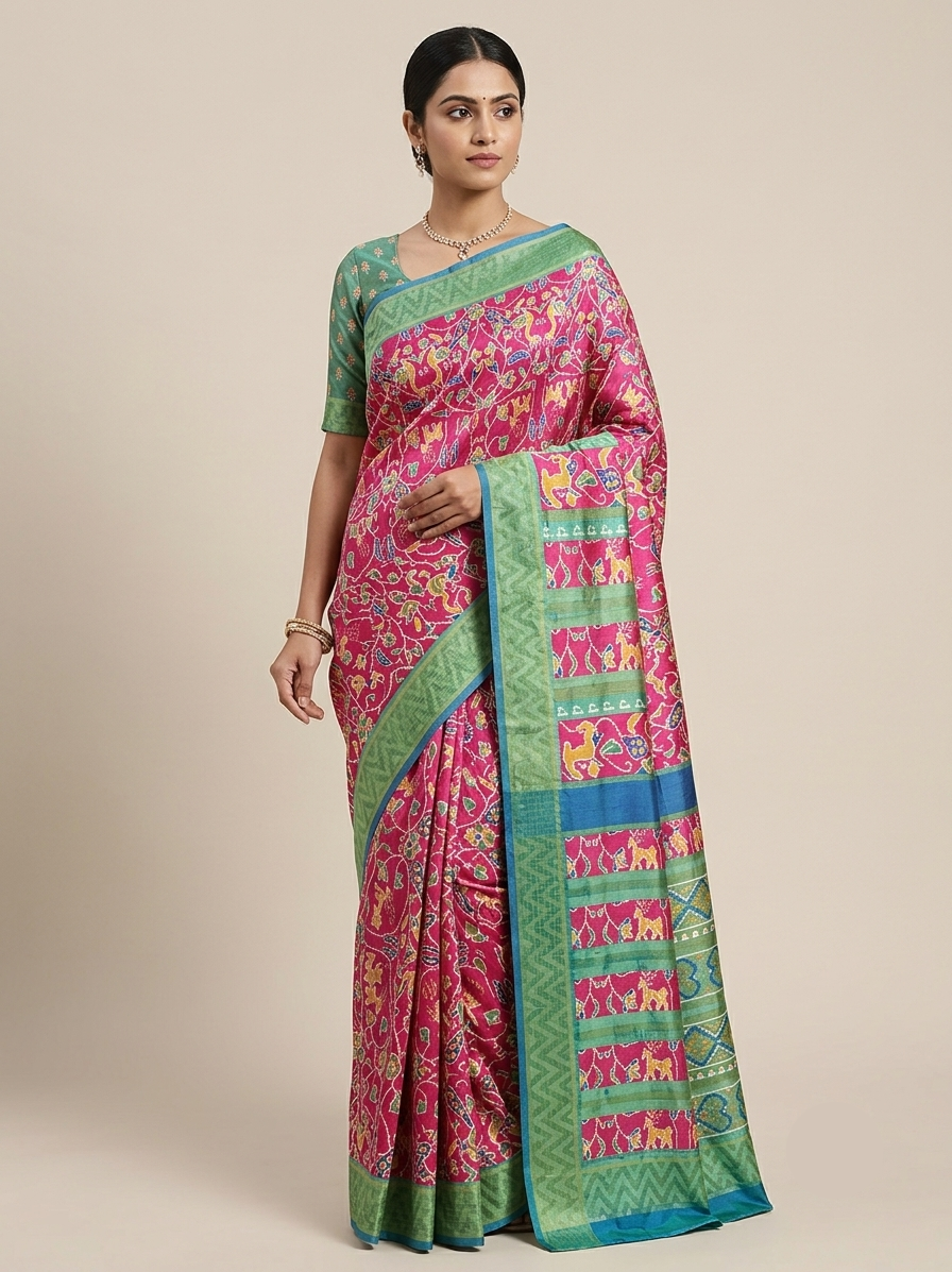 Rani Pink Soft Fabric Saree with Multicolour Traditional Print Main image