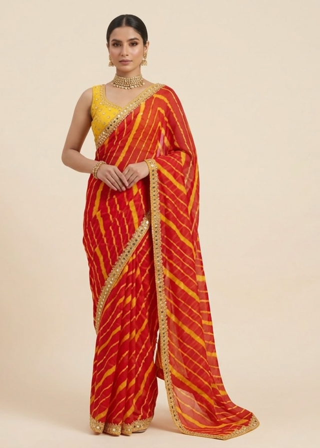 Red Georgette Leheriya Saree with Golden Embellished Border Main image