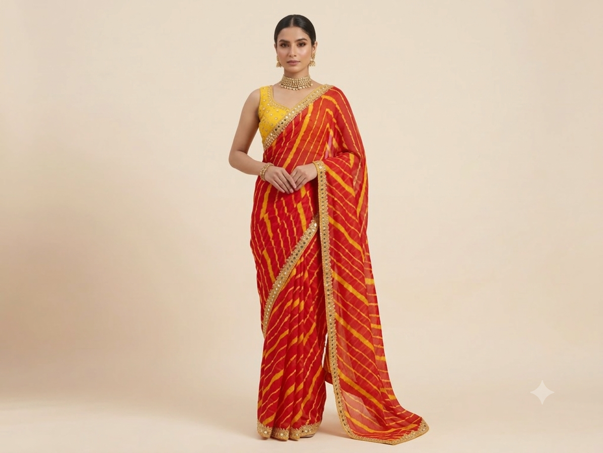 Red Georgette Leheriya Saree with Golden Embellished Border
