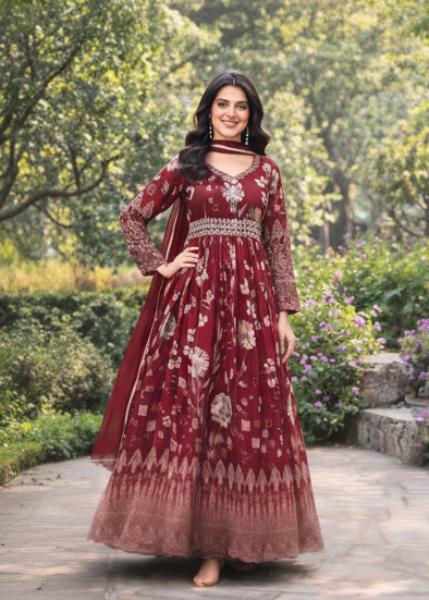 Elegance Redefined: Floral Printed Chinon Gown