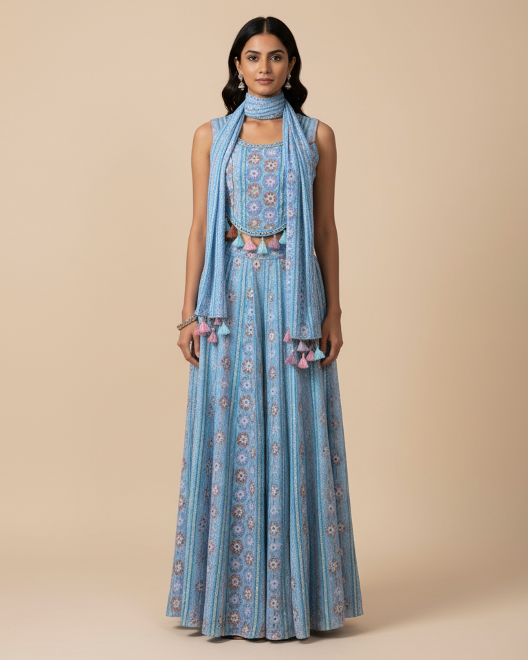 Serene Blue Floral Printed Halter Dress(JM-3032 M-33) Secondary image