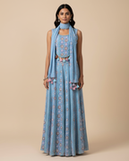 Serene Blue Floral Printed Halter Dress(JM-3032 M-33)