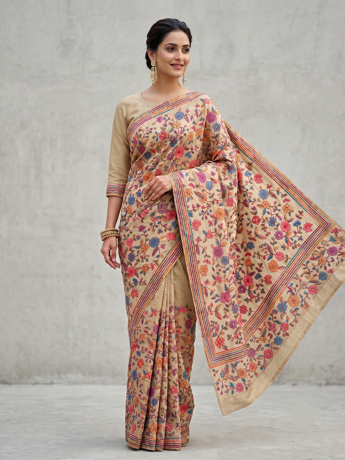 Elegant Beige Soft Saree with Multicoloured Floral Design