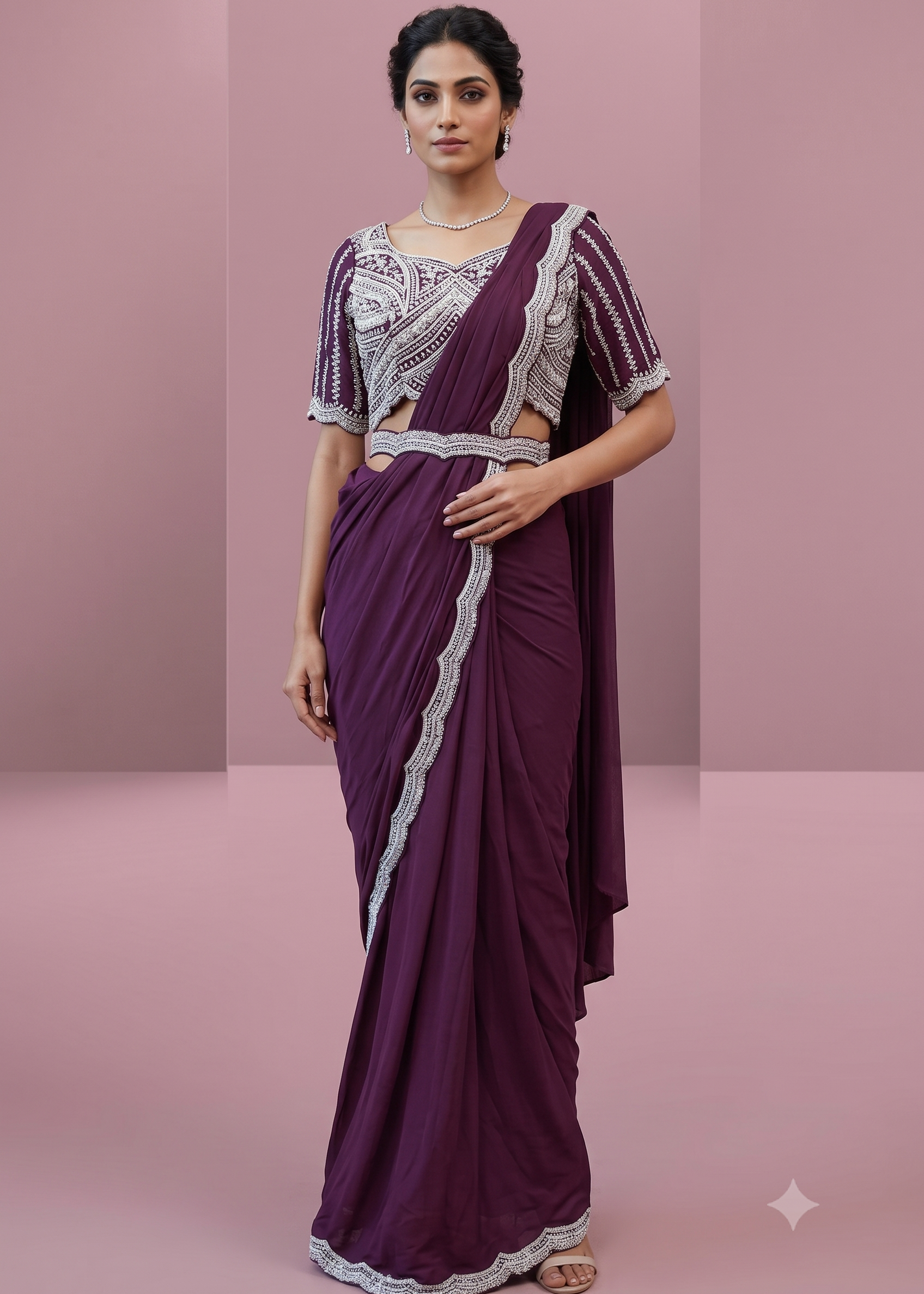 Wine Pre-Draped Saree Main image