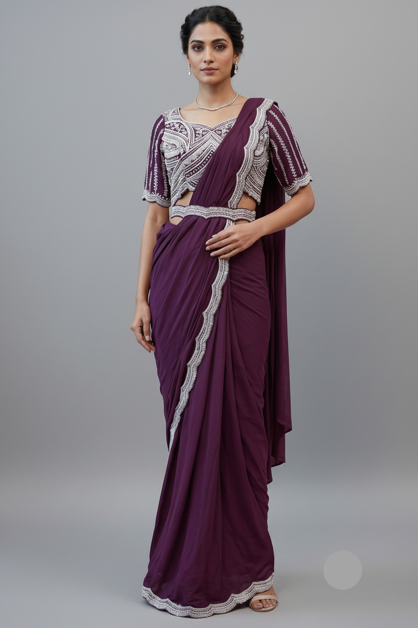 Wine Pre-Draped Saree Main image