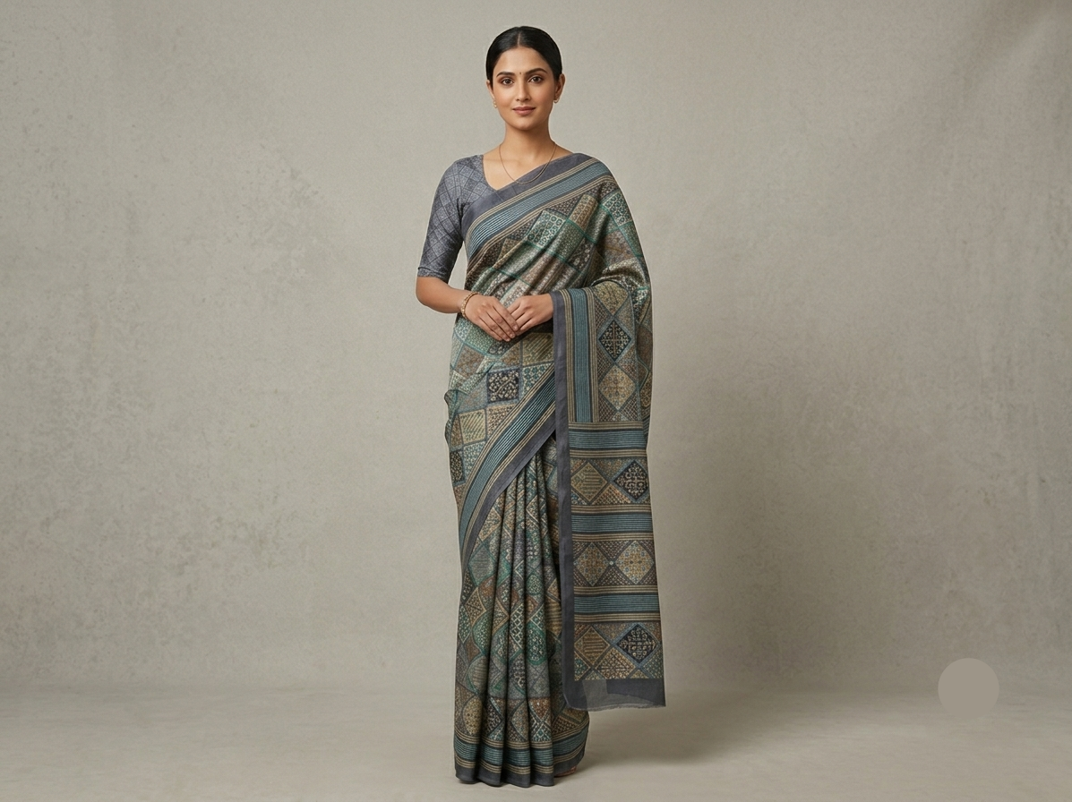 Grey Soft Fabric Saree with Traditional Geometric Print Main image