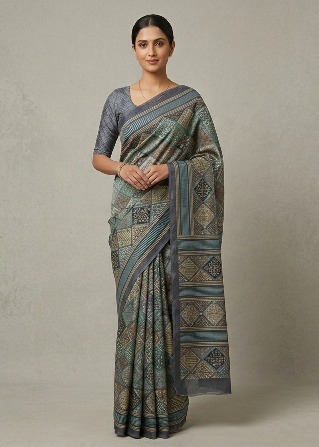 Grey Soft Fabric Saree with Traditional Geometric Print Main image