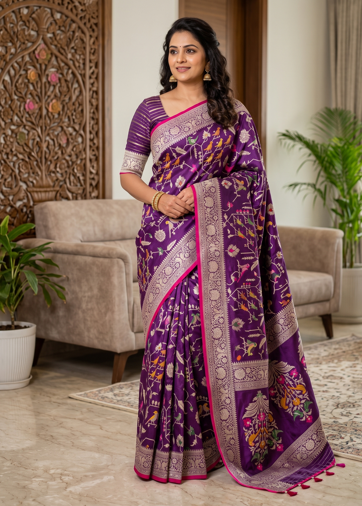 Royal Purple Designer Saree with Multicolour Bird and Floral Motifs