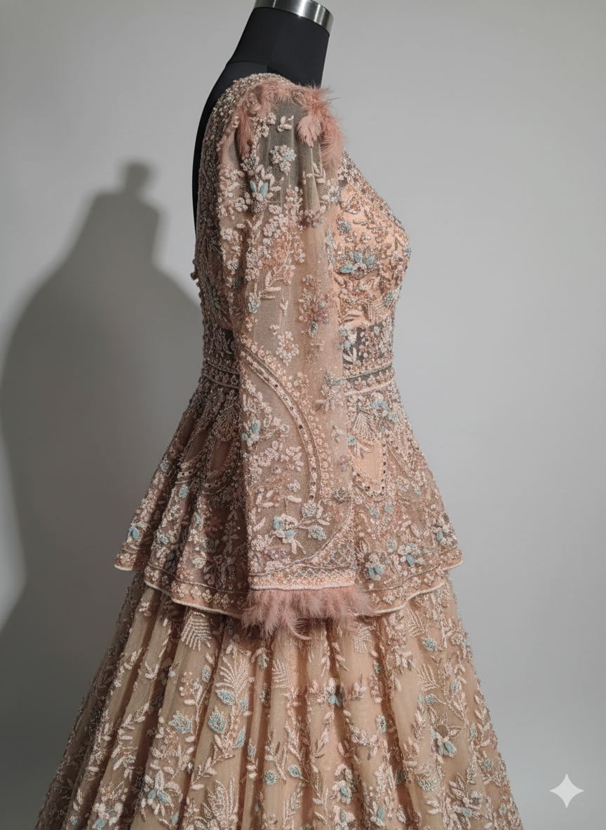 Peach Peplum Choli Lehenga with Pastel Floral Work (DC-24177 D-56)