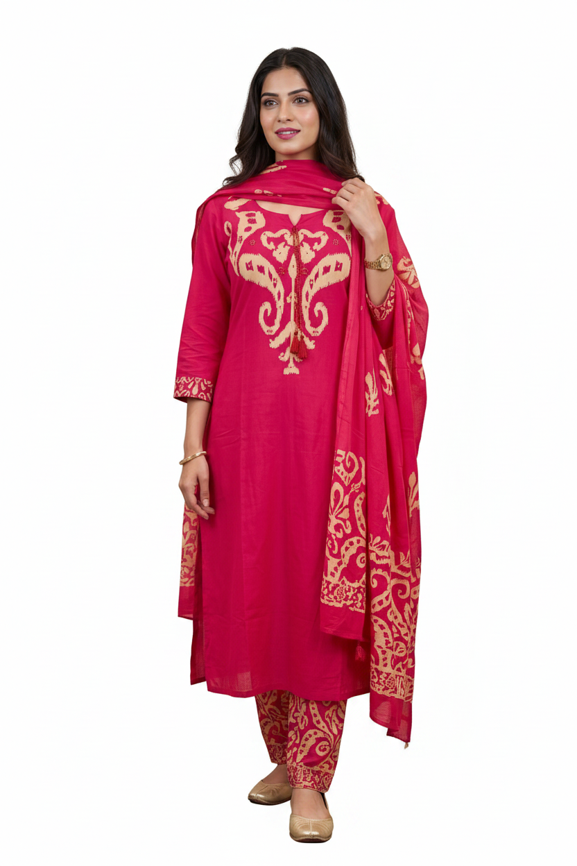 Ikat Border Print Cotton Kurta Set