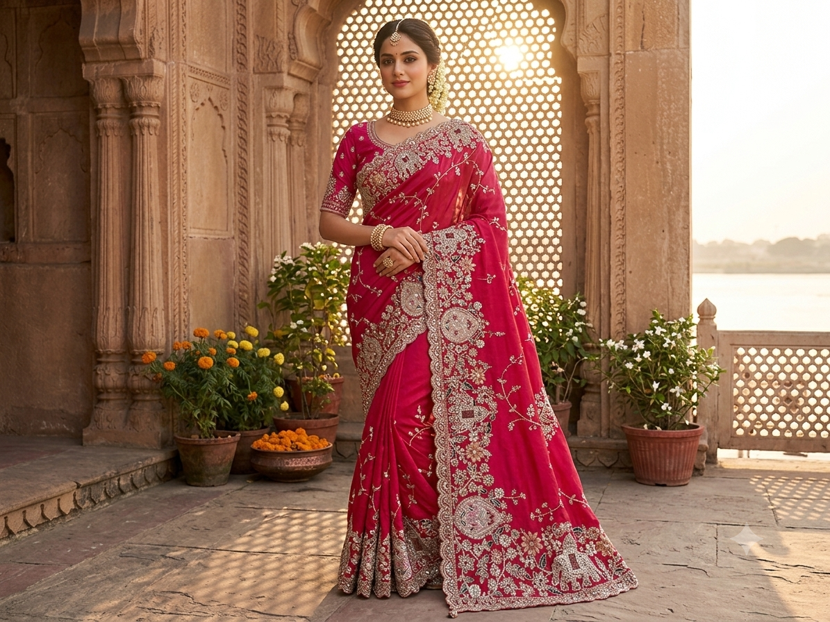 Coral Red Floral Embroidered Saree Main image