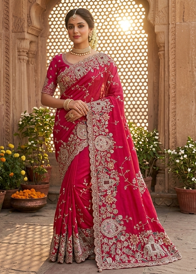 Coral Red Floral Embroidered Saree Main image