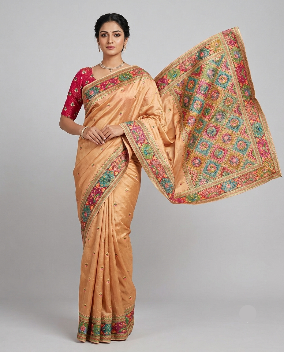 Peach Silk Saree with Multicolored Meenakari Embroidered Border