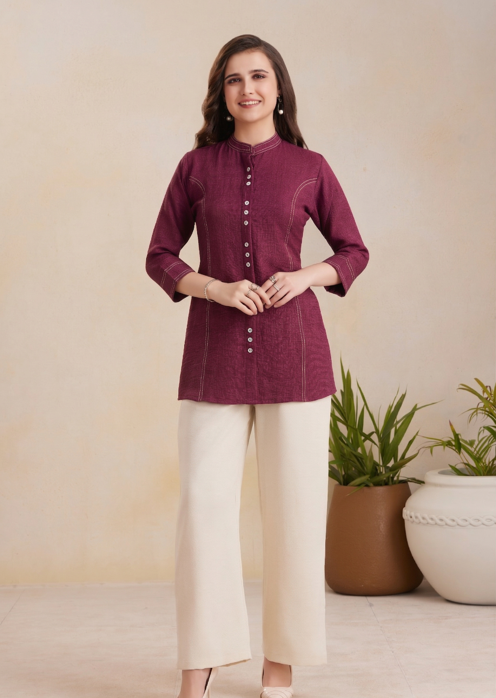 Wine Textured Mandarian Tunic Set