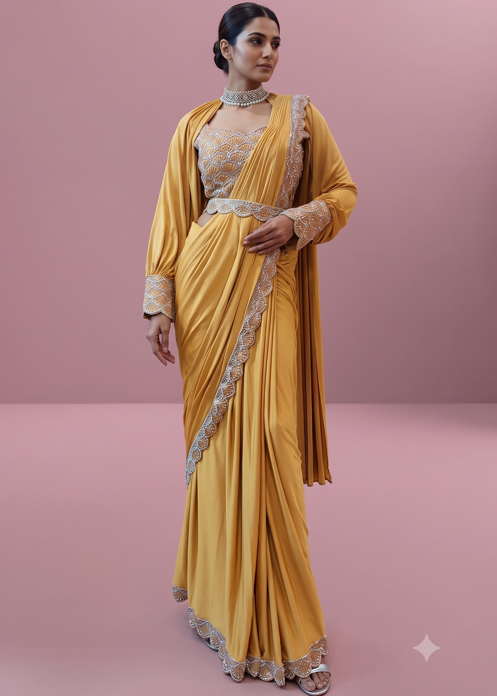 Mustard Yellow Pre-Draped Saree