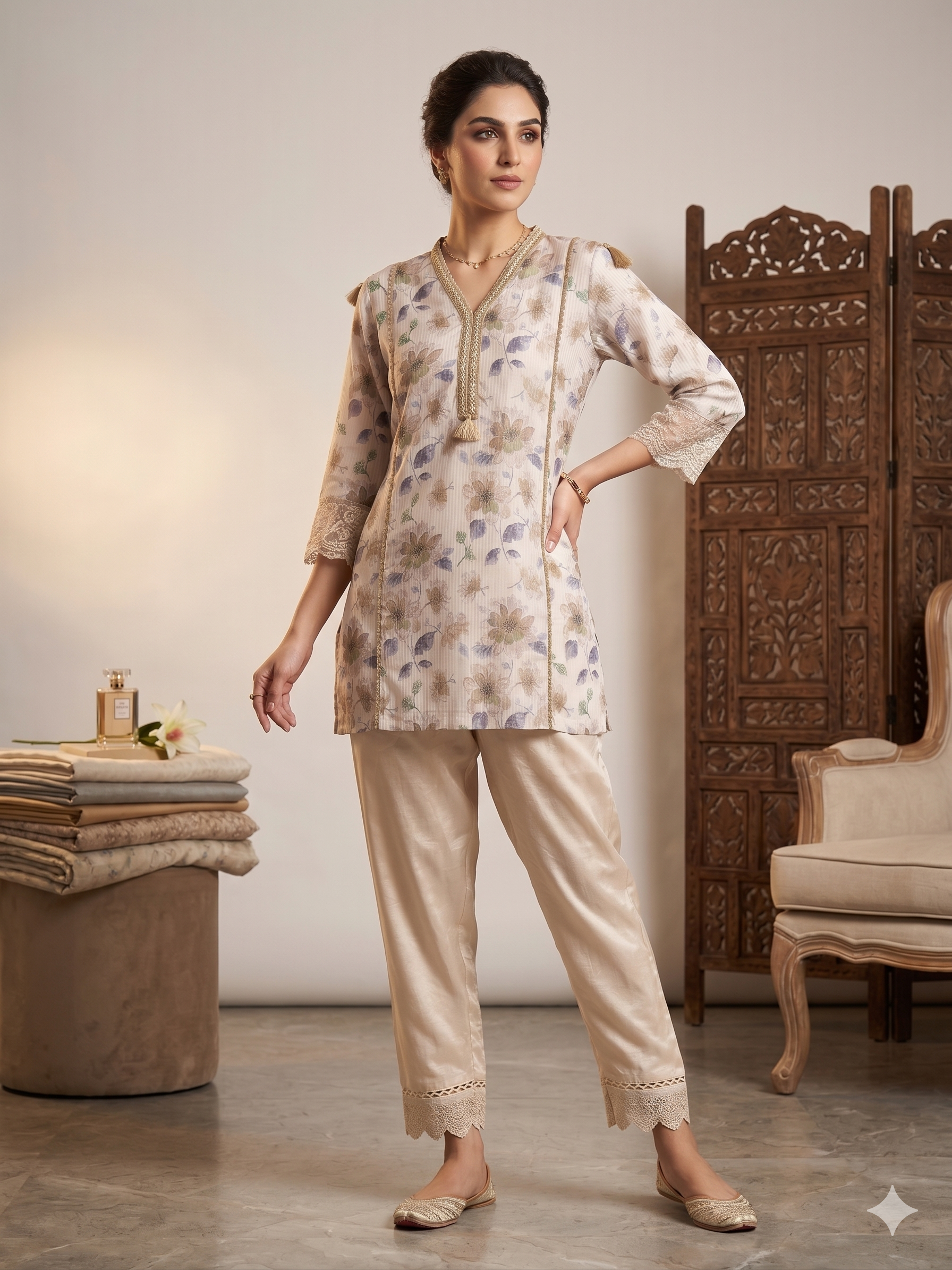 Elegant Ivory Floral Printed Kurta Set