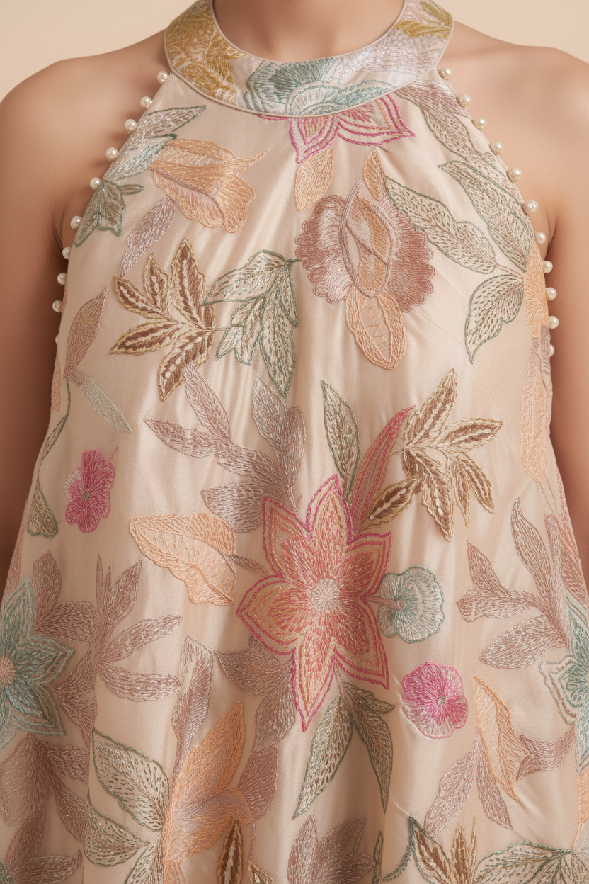Embroidered Halter-Neck Asymmetric Tunic Set Secondary image