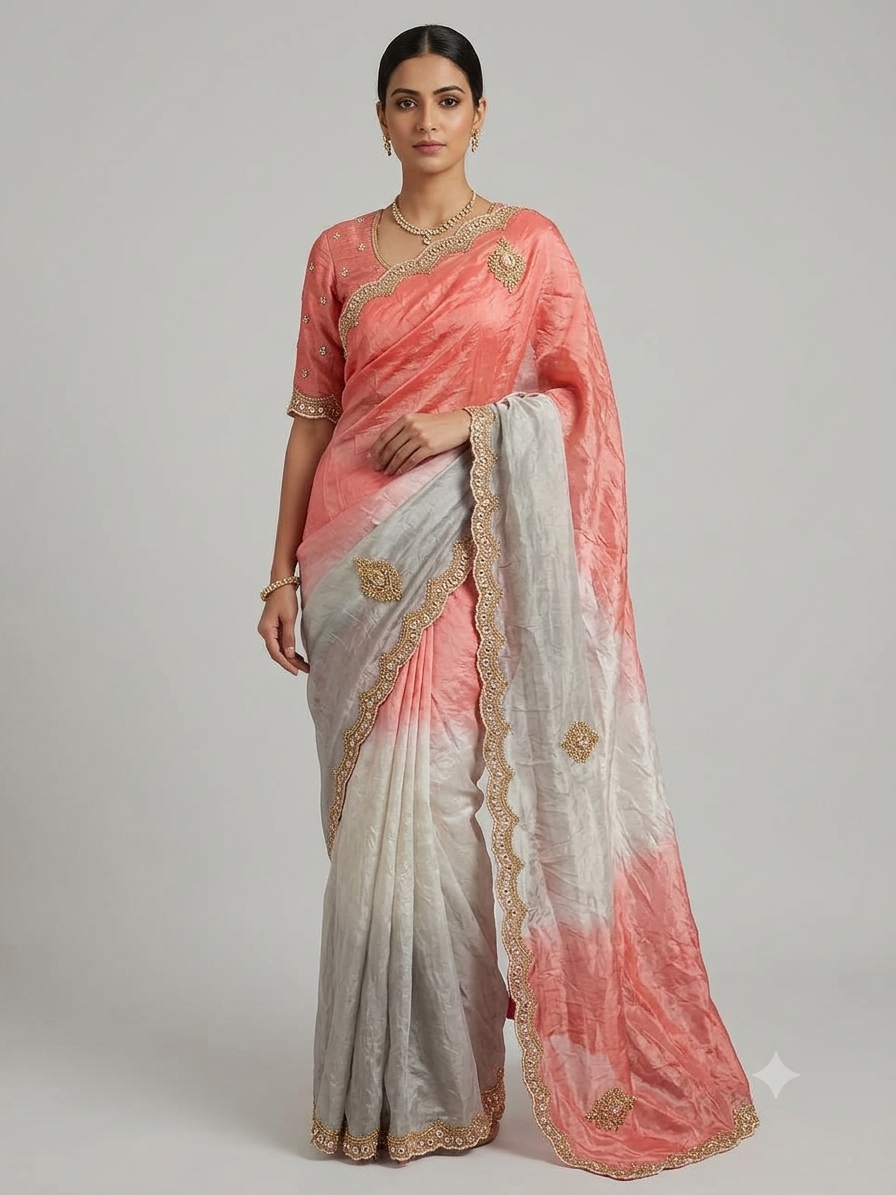 Peach & Silver Tissue Saree with Golden Embroidered Border Main image