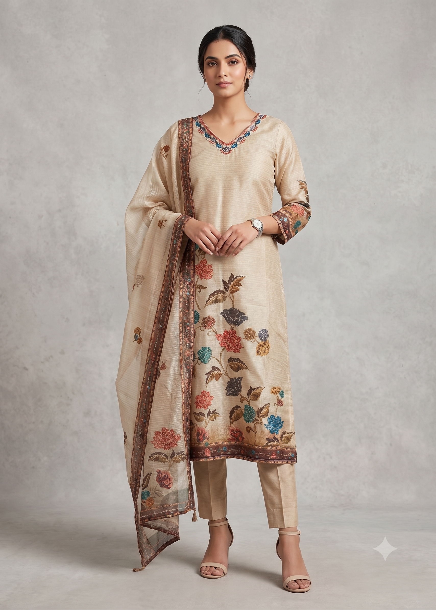 Regal Beige Tussar Silk Kurta Set