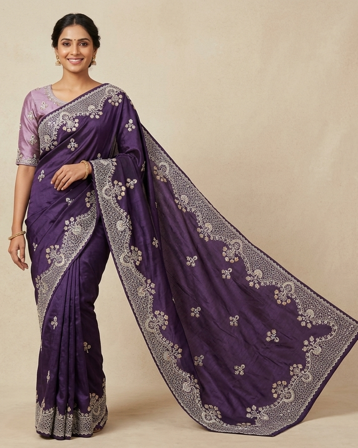 Purple Silk Saree with Intricate Silver Floral Embroidery Main image