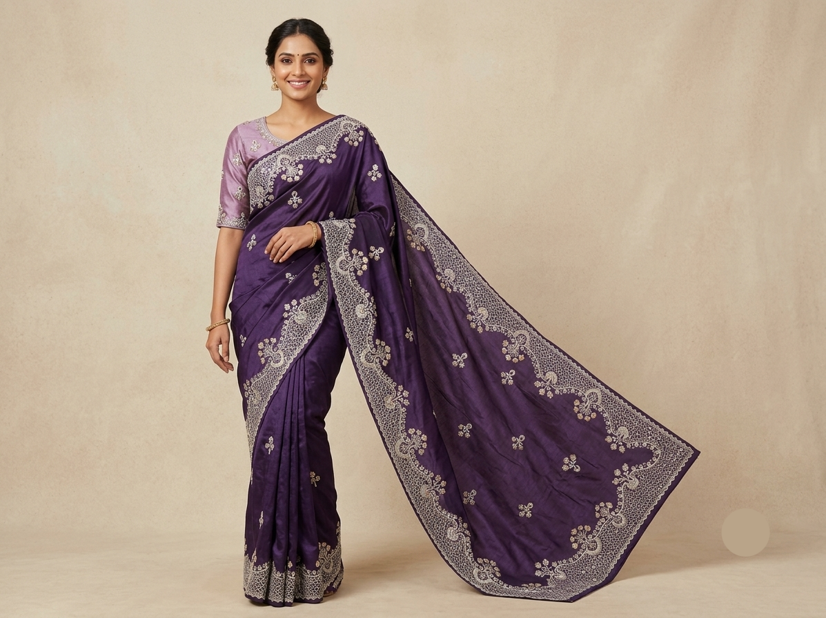 Purple Silk Saree with Intricate Silver Floral Embroidery
