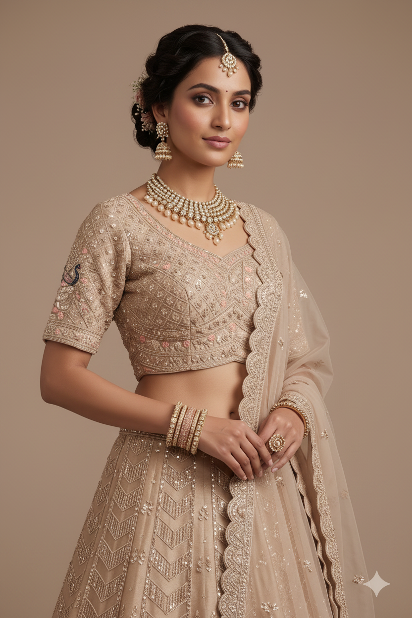 Champagne Gold Embroidered Lehenga Set Secondary image