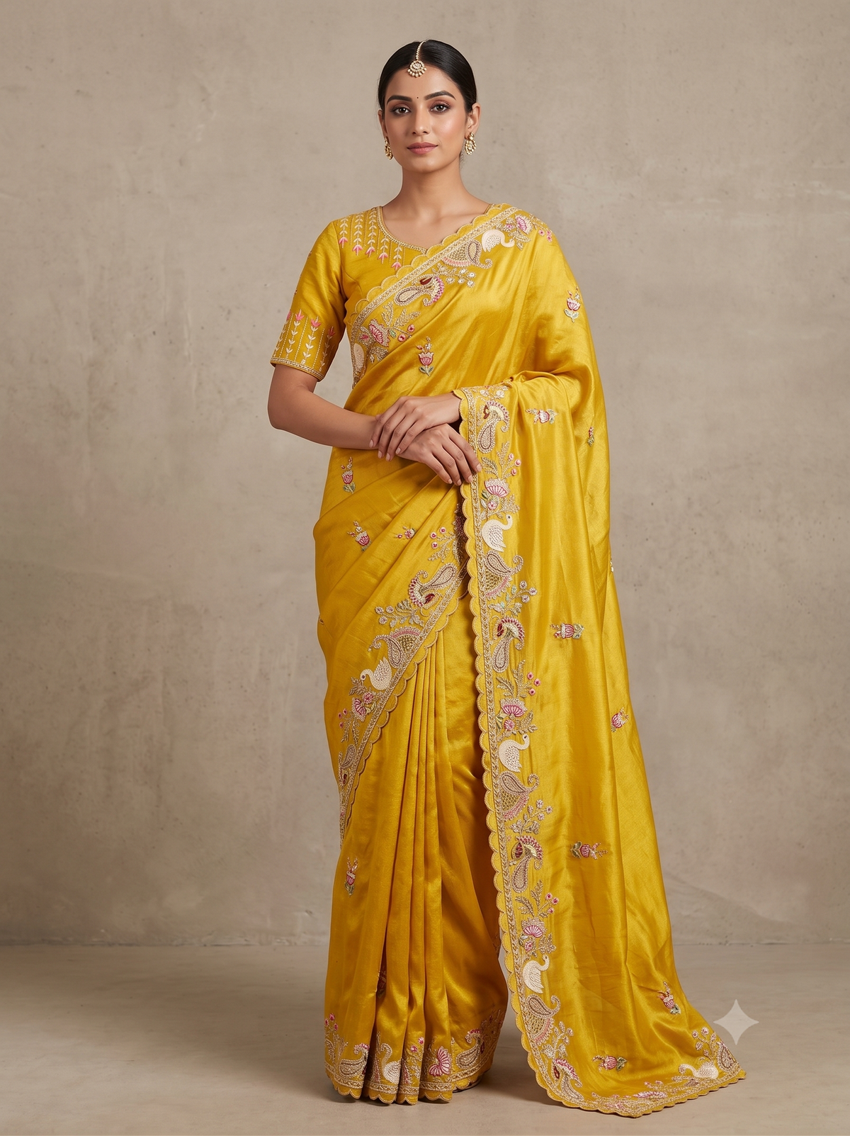Yellow Soft Saree with Floral Embroidery & Designer Border