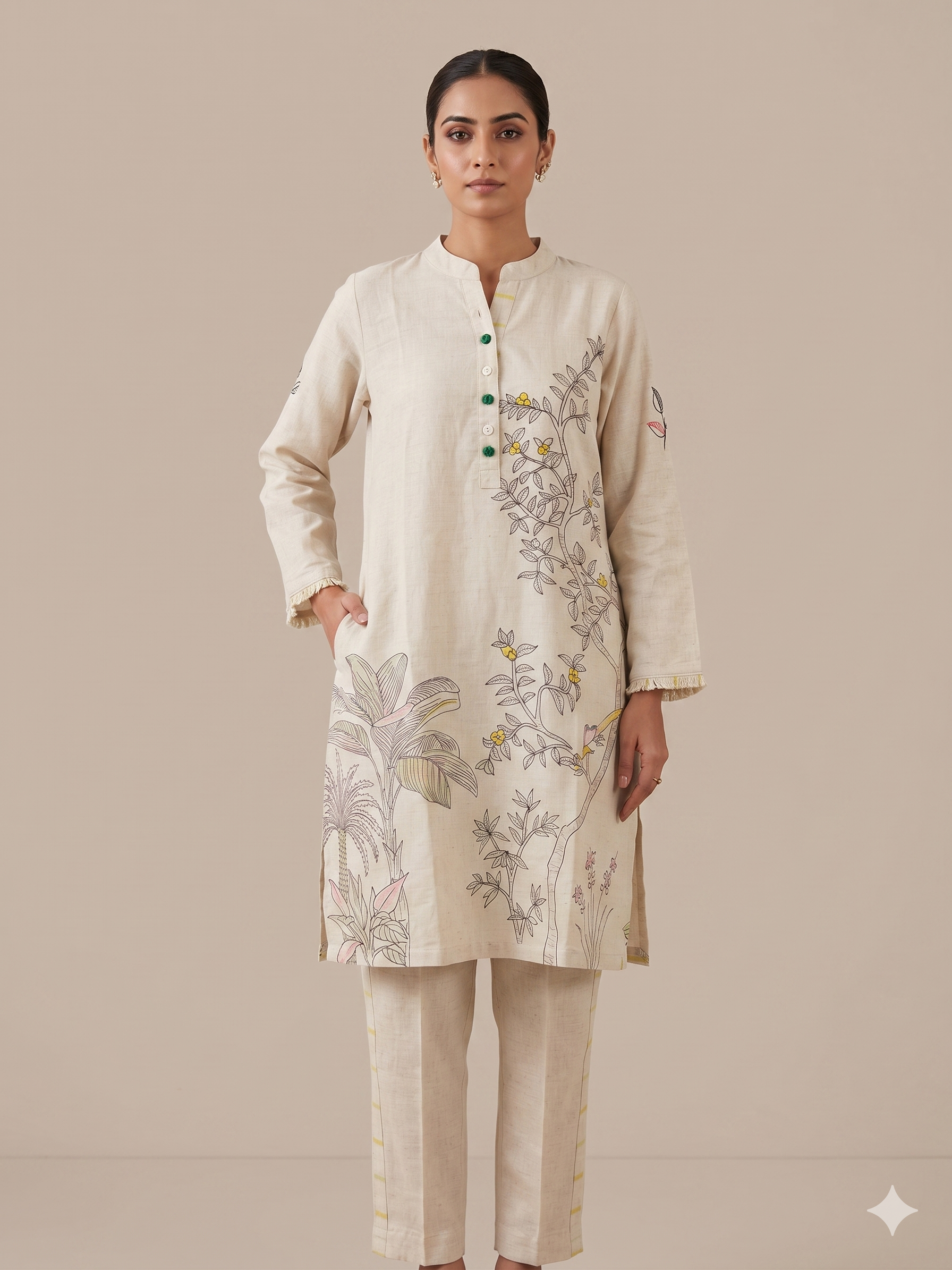 Earthy Khadi-Linen Botanical Print Co-ord Kurti Set Main image