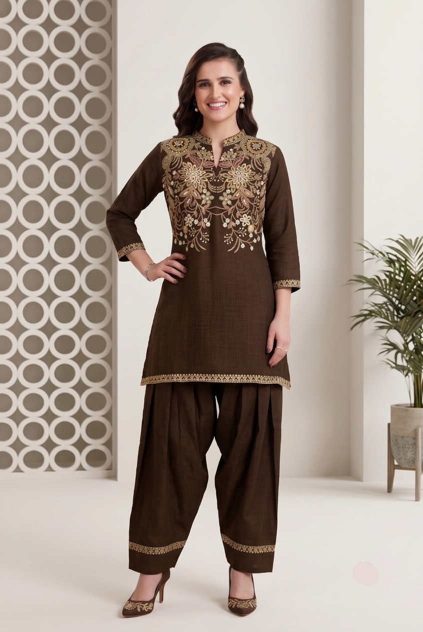 Chocolate Brown Gold Embroidered Tunic & Dhoti Pants Set Main image