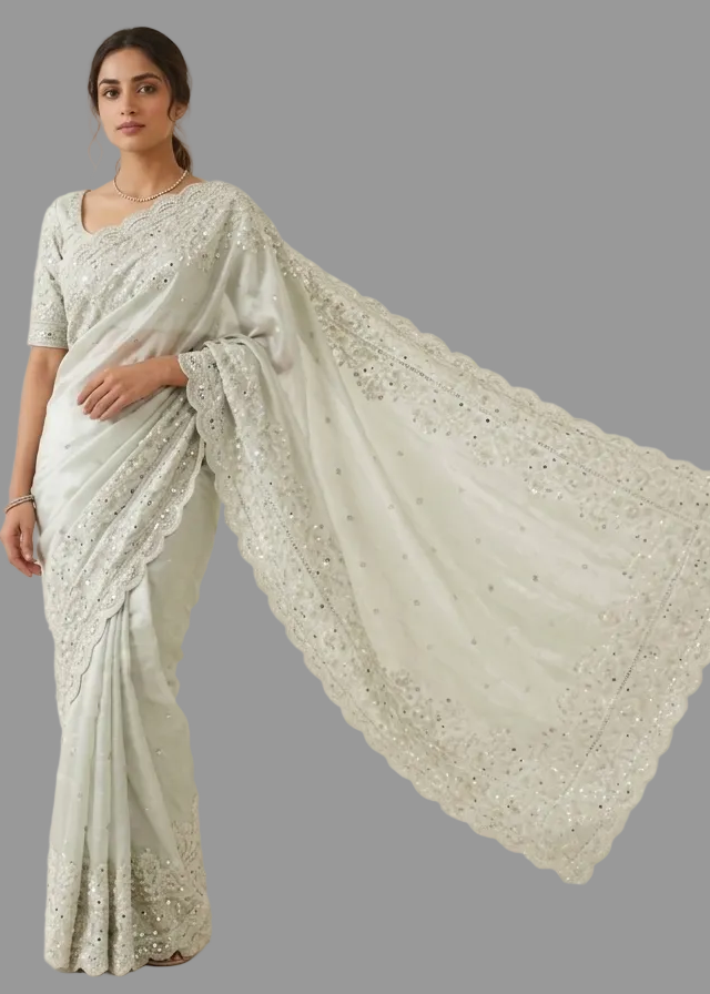 Elegant Pista Green Organza Saree with Shimmering Silver Embellishments Main image