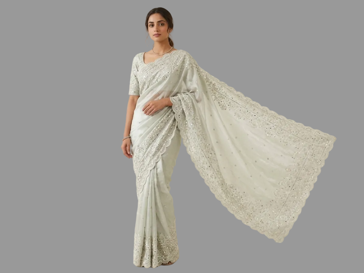 Elegant Pista Green Organza Saree with Shimmering Silver Embellishments