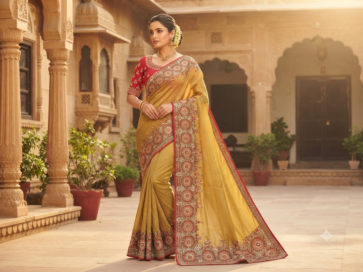 Mustard Yellow Red Border Embroidered Saree Main image