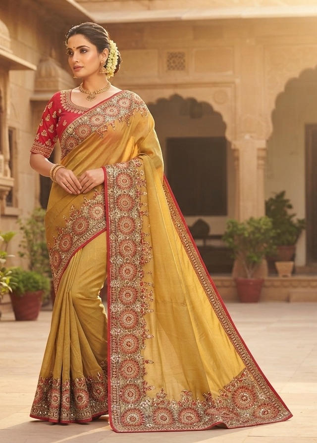 Mustard Yellow Red Border Embroidered Saree Main image