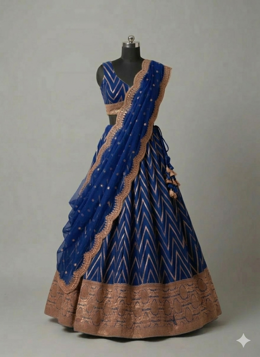 Ruby Red Chevron Silk Lehenga Set with Brocade Border (1036 GA-39)